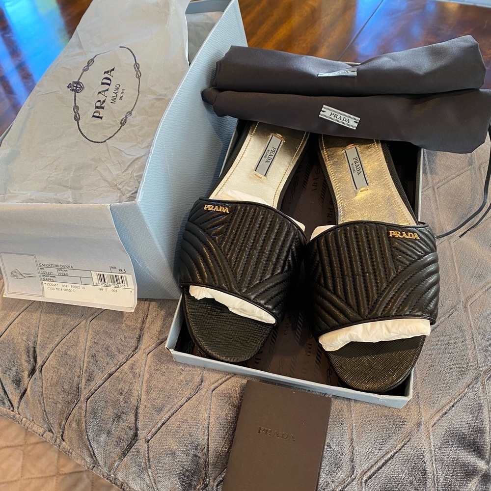 Prada Nappa Quilted Leather Slip On Slides Sandals